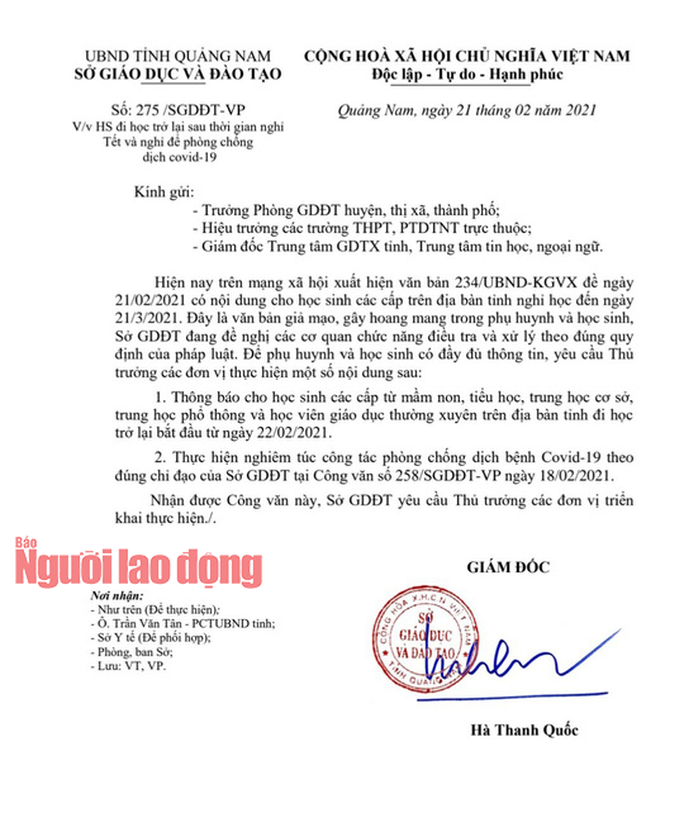 Học sinh Quảng Nam đi học trở lại, công an điều tra văn bản giả mạo - Ảnh 2.