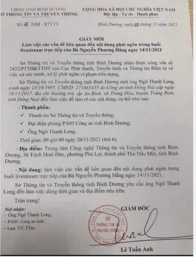 Bình Dương mời Long Ngô làm việc, liên quan livestream của bà Nguyễn Phương Hằng - Ảnh 1.