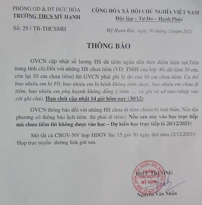 Thu hồi ngay thông báo học sinh chưa tiêm vắc-xin thì không được vào học trực tiếp - Ảnh 1.