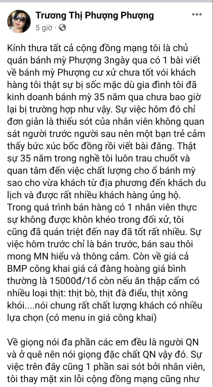 Bị kêu gọi tẩy chay, chủ quán bánh mỳ Phượng ở Hội An xin lỗi - Ảnh 1.