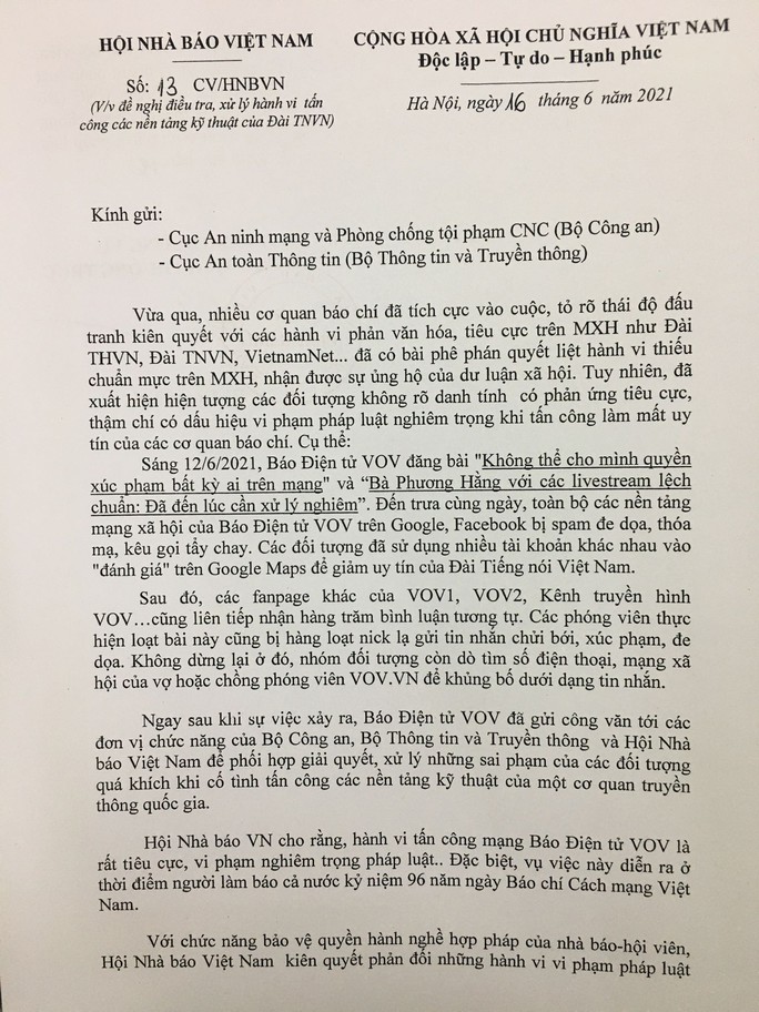 Hội Nhà báo Việt Nam đề nghị điều tra, xử lý nghiêm hành vi tấn công mạng Báo Điện tử VOV - Ảnh 1.