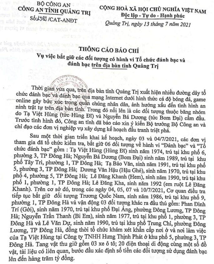 Công an thông tin về đường dây đánh bạc hàng trăm tỉ đồng ở Quảng Trị - Ảnh 1.