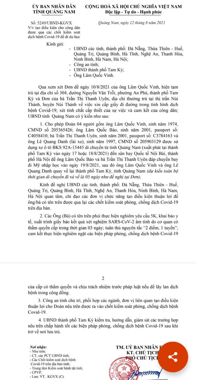 Quảng Nam thông tin về văn bản cho Bí thư Tam Kỳ chở con ra Hà Nội sang Mỹ du học - Ảnh 2.