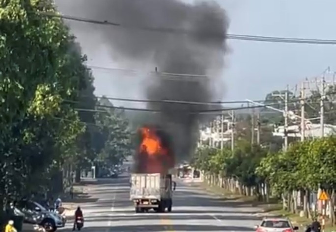 Bình Dương: Xe tải cháy dữ dội trong khu công nghiệp Mỹ Phước 2 - Ảnh 1.