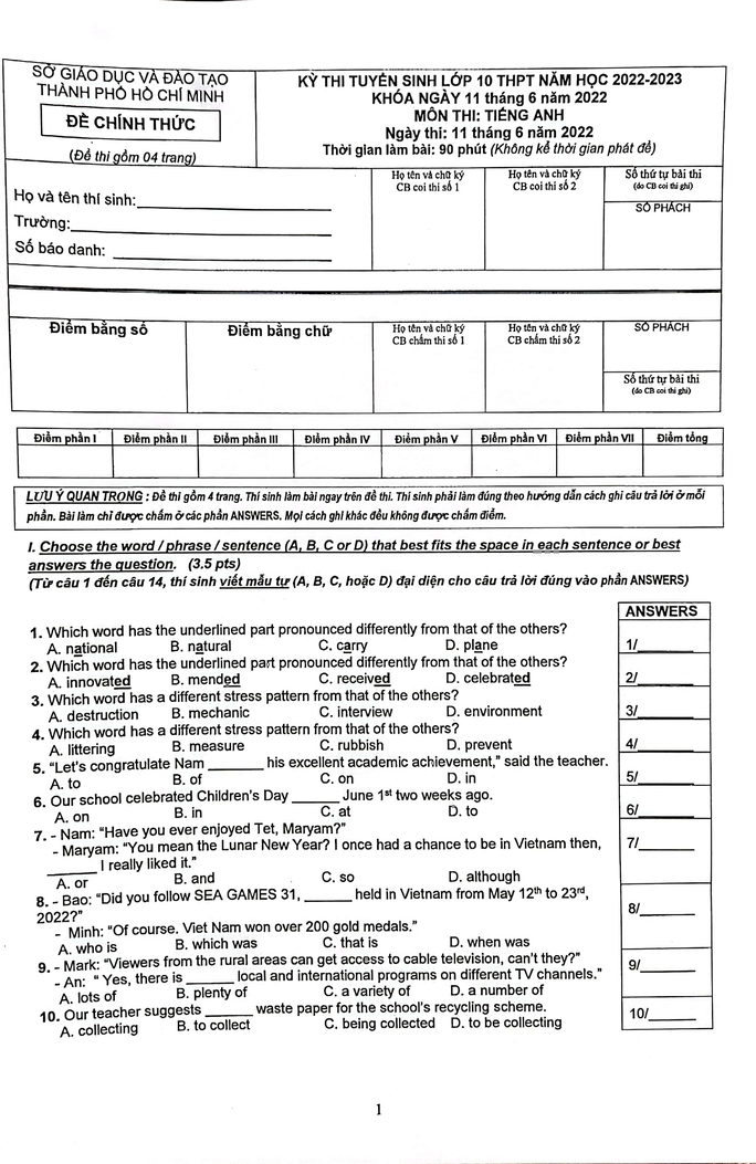 Kỳ thi tuyển sinh lớp 10 tại TP HCM: Môn tiếng Anh khó kiếm điểm 10 - Ảnh 1.
