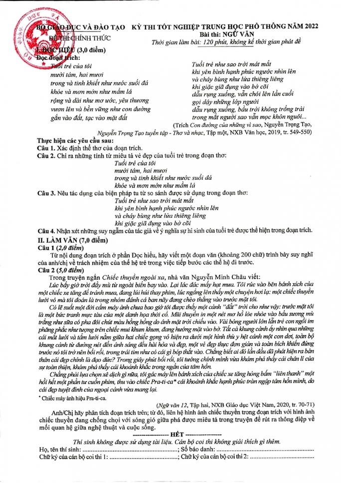 Bộ GD-ĐT công bố đáp án, thang điểm môn Ngữ văn tốt nghiệp THPT 2022 - Ảnh 1.
