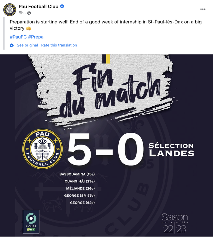Quang Hải đá chính và ghi bàn, Pau FC thắng Landes FC 5-0 - Ảnh 2.