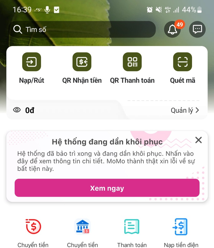 MoMo bảo trì, khách hàng gặp khó khi thanh toán và chuyển tiền - Ảnh 1.