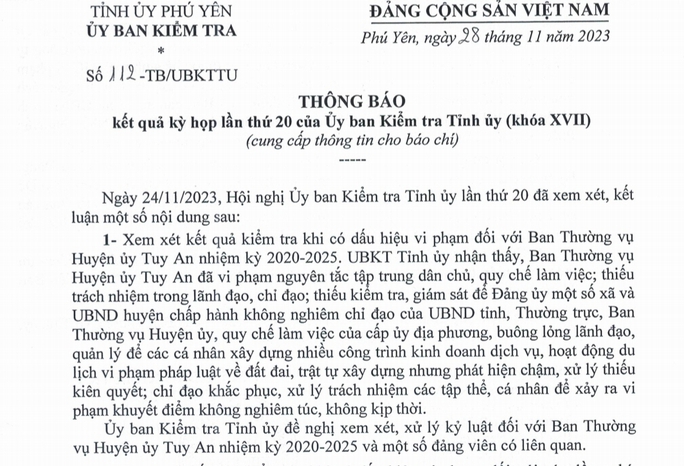 Phú Yên: Đề nghị kỷ luật Ban Thường vụ Huyện ủy Tuy An - Ảnh 1.