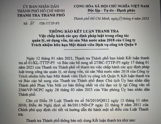 Nhiều vi phạm tại Công ty TNHH MTV Dịch vụ công ích quận 9 vừa được công bố - Ảnh 1.