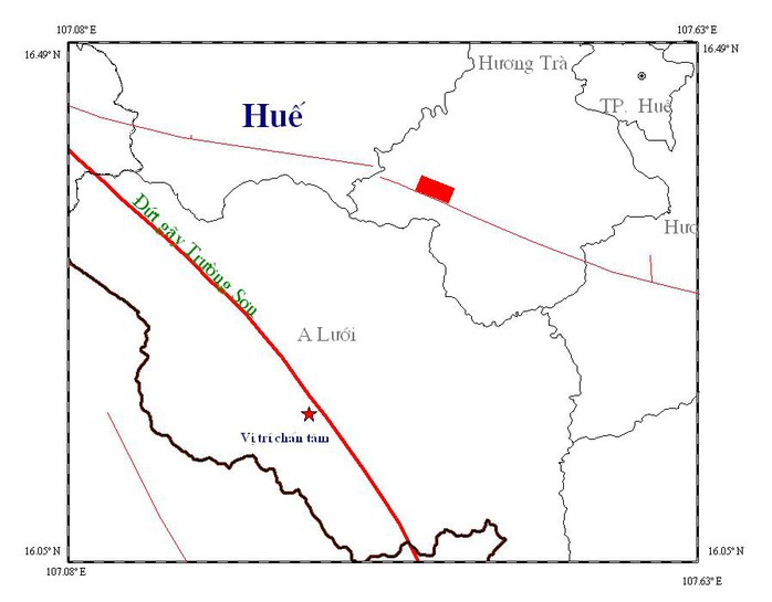 Bản đồ chấn tâm trận động đất mạnh 2.9 độ Richter xảy ra tại huyện A Lưới, tỉnh Thừa Thiên – Huế. Ảnh: Viện Vật lý địa cầu