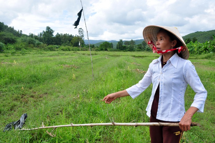 Chị Nguyễn Thị Cẩm Vân diễn tả lại hành động dùng cây bẹo đập mạnh vào con heo rừng cứu chị Phạm Thị Hồng Hạnh tại hiện trường xảy ra vụ việc