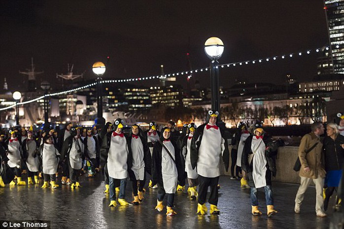 Nighttime stroll: The group then waddled around a 2km course that took in a number of London landmarks