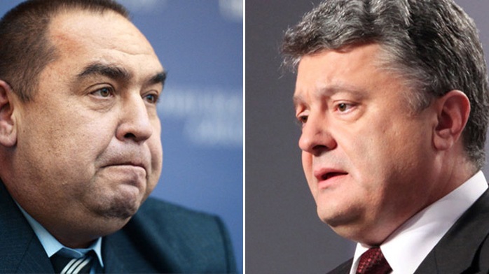 Thủ lĩnh Cộng hòa Nhân dân Luhansk tự xưng (LPR) Igor Plotnitsky (trái) và Tổng thống Ukraine Petro Poroshenko. Ảnh: RIA Novosti