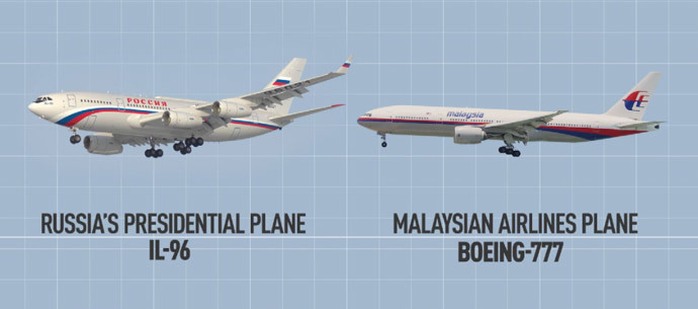 Chiếc phản lực cơ Board One của Tổng thống Putin (trái) và máy bay MH17 của Malaysia có nhiều điểm tương đồng. Ảnh: RT