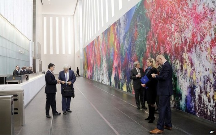 People gathered in the lobby of One World Trade Center