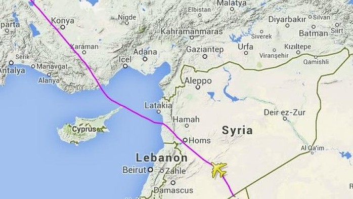Lộ trình bay của hãng MAS chuyển hướng từ Ukraine sang Syria. Ảnh: Flightradar24