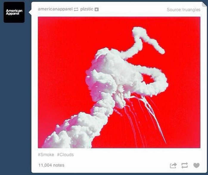 American Apparel issued a public apology after posting this edited image of the Challenger space shuttle explosion.