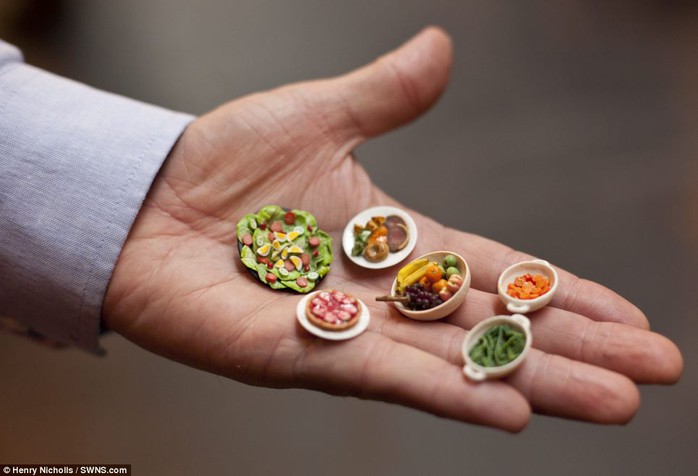 Appealing: The show is now one of the worlds biggest miniature events. Above, a man holds an array of handcrafted food dishes, including bowls of carrots and fruit