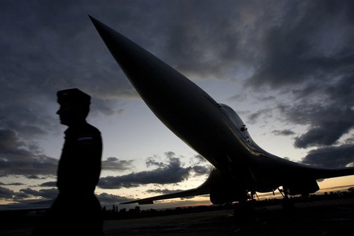 FILE - In this Thursday, Aug. 7, 2008 file photo, Russia&apos;s strategic bomber Tu-160 or White Swan, the largest supersonic bomber in the world, seen at Engels Air Base near Saratov, about 700 kilometers (450 miles) southeast of Moscow, Russia. Russia’s defense minister says the military will conduct regular long-range bomber patrols, ranging from the Arctic Ocean to the Caribbean and the Gulf of Mexico. (AP Photo/Misha Japaridze)