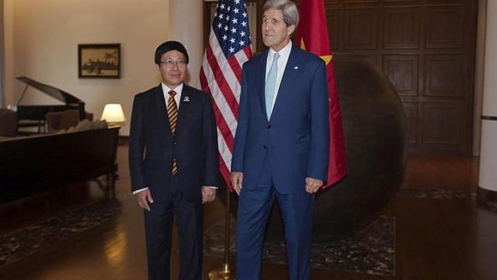 Cuộc gặp với Bộ trưởng ngoại giao Việt Nam Phạm Bình Minh hôm 9-8 đã mở đầu các cuộc thảo luận của Ngoại trưởng Mỹ John Kerry với giới chức các quốc gia Đông Nam Á trước thềm Diễn đàn an ninh khu vực ASEAN tại Myanmar.Ảnh: Reuters