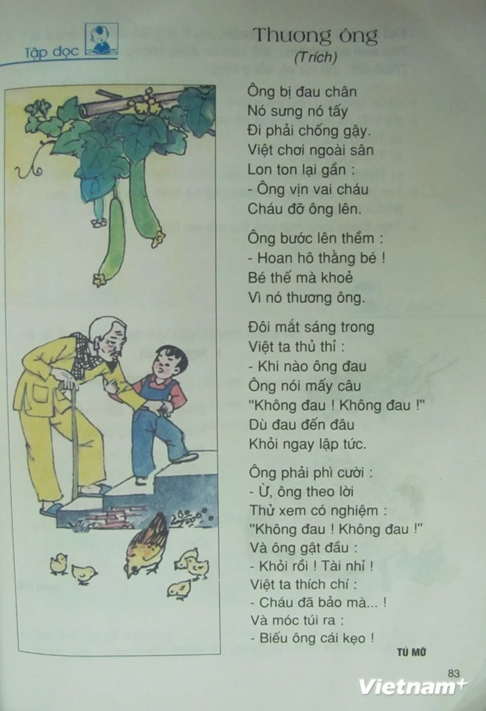 Bài thơ Thương ông trích trong sách Tiếng Việt lớp 2, tập một. (Ảnh: PV/Vietnam+)