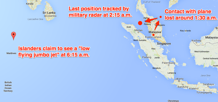 Cư dân Maldives (địa điểm ở phía trái) nói nhìn thấy một máy bay chở khách lớn sáng 8-3. Nguồn: Business Insider