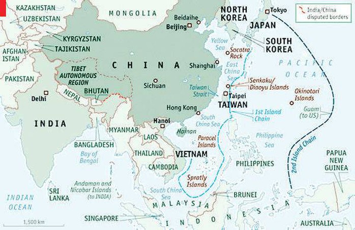Trên biển Hoa Đông, Trung Quốc tranh chấp với Hàn Quốc quanh bãi đá Socotra (tức Ieodo/Tô Nham Tiêu); với Nhật Bản là quần đảo Senkaku/Điếu Ngư. Trên biển Đông, đường lưỡi bò tham lam liếm đến tận cửa nhà của nhiều nước Đông Nam Á. Nguồn: Economic Times