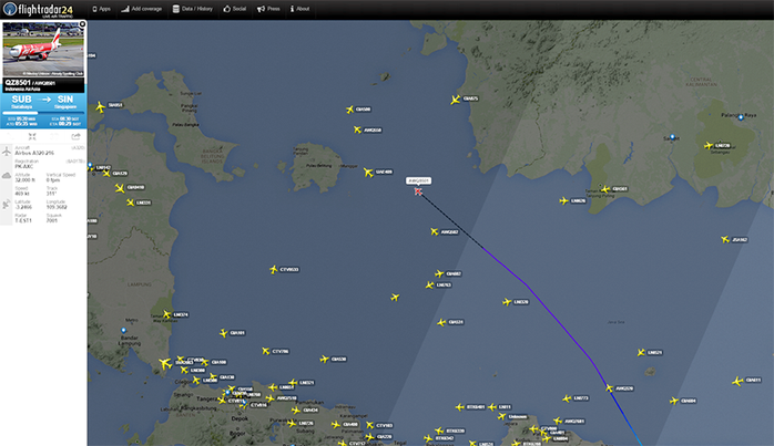 Trang Flightradar24.com công bố bản đồ nơi QZ8501 mất tích