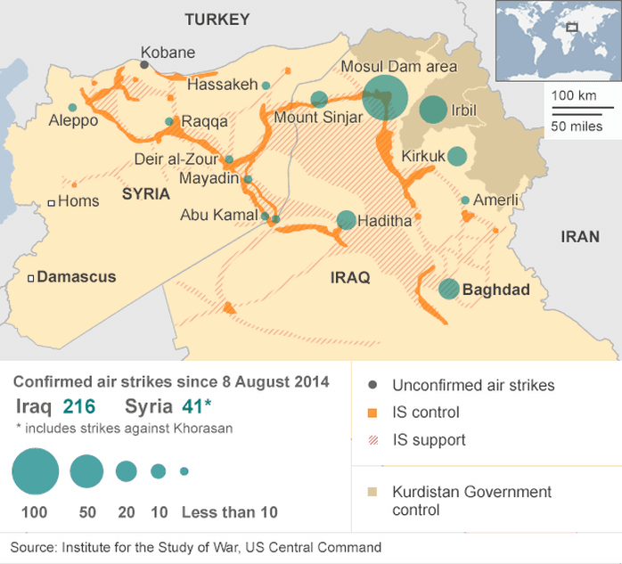 Thống kê các cuộc không kích của Mỹ và liên quân tại Iraq và Syria. Ảnh: BBC