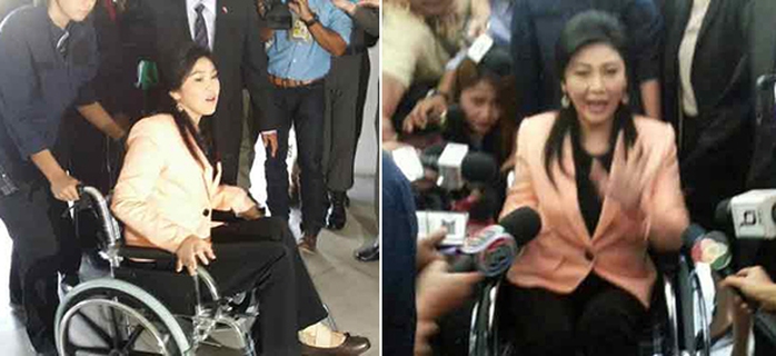 Nữ Thủ tướng Yingluck xuất hiện trên xe lăn. Ảnh: Post Today