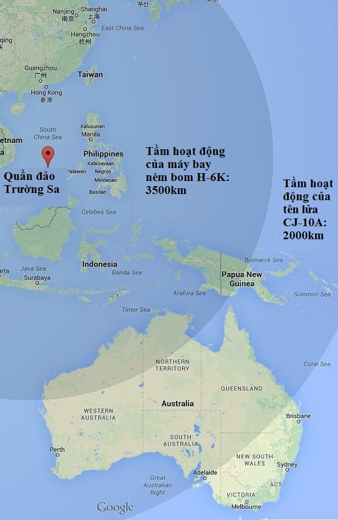 Tầm hoạt động của máy bay ném bom H-6K có thể gồm cả nước Úc. Nguồn: News Corp Australia