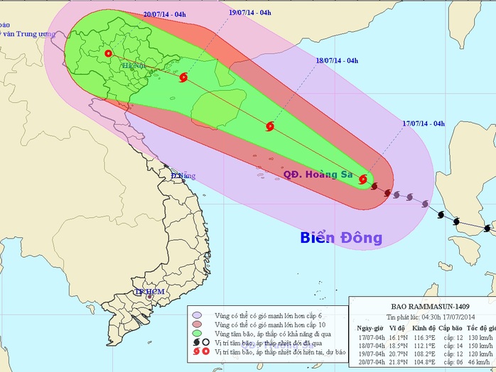 Vị trí và hướng di chuyển của bão Thần Sấm - Nguồn: Trung tâm Dự báo khí tượng thủy văn TƯ