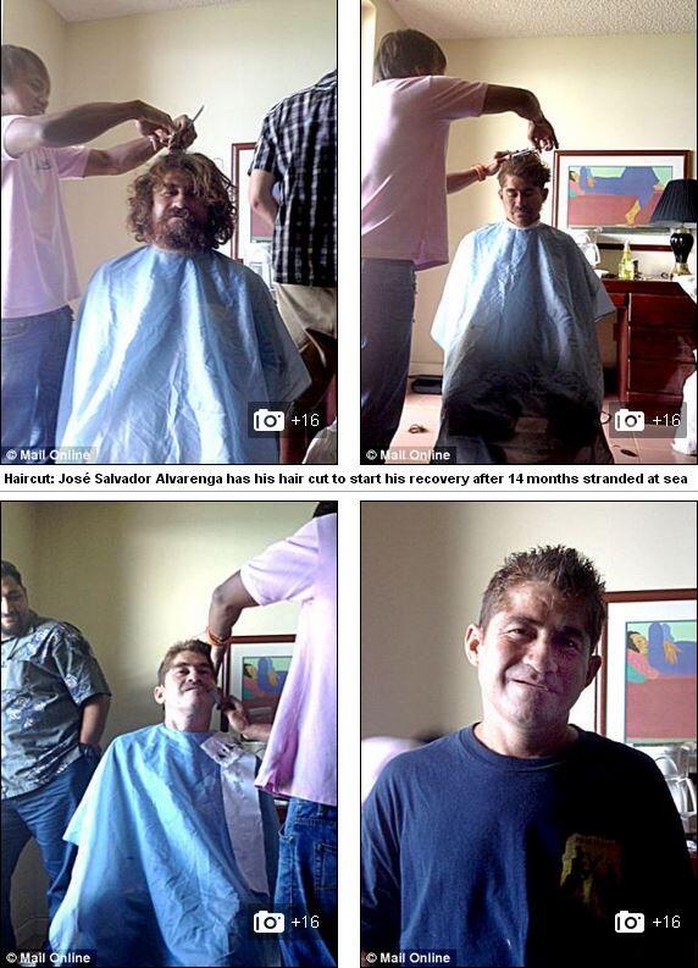 Ông Jose Salvador Alvarenga được cắt tóc, cạo râu sau 14 tháng. Ảnh: Mail Online