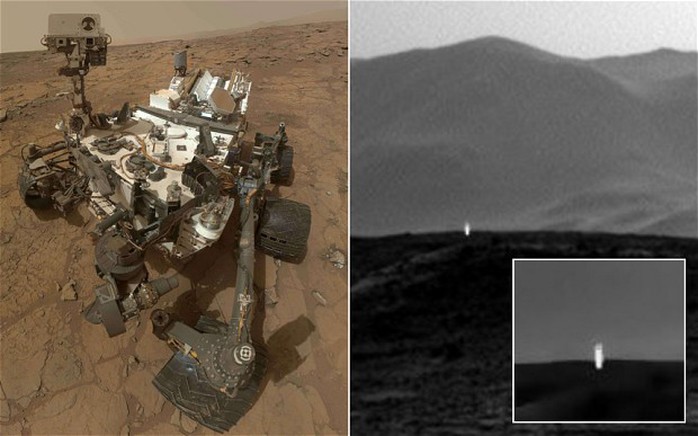 Curiosity và ảnh đốm sáng được cho là do tàu thăm dò này chụp được. Ảnh: Telegraph