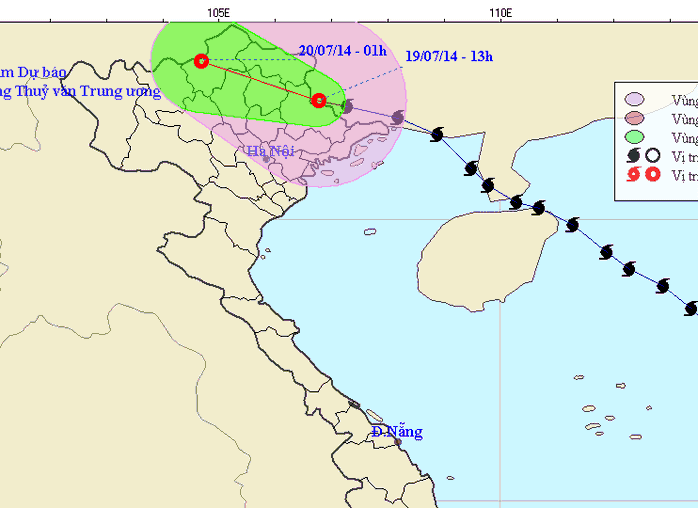 Vị trí và dự báo đường đi của áp thấp nhiệt đới lúc 13 giờ ngày 19-7. Nguồn: Trung tâm Dự báo KTTV Trung ương