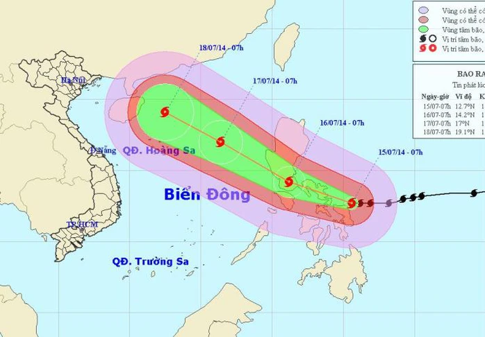 Vị trí bão Rammasun lúc 7 giờ sáng nay 15-7 và dự báo đường đi của bão. Nguồn: Trung tâm Dự báo Khí tượng thuỷ văn trung ương