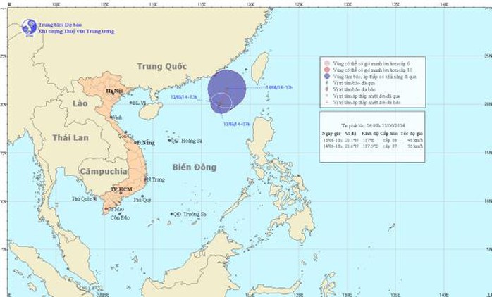 Vị trí cơn áp thấp nhiệt đới trên biển Đông