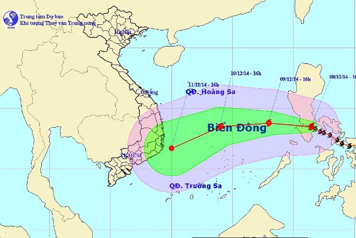 Vị trí và dự báo đường đi của bão Hagupit. Ảnh: Trung tâm Dự báo khí tượng Thuỷ văn Trung ương
