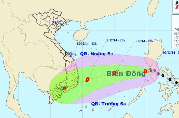 Vị trí và dự báo đường đi của bão số 5. Nguồn: Trung tâm dự báo khí tượng thuỷ văn Trung ương