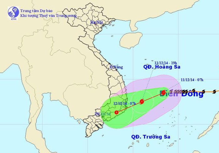 Vị trí và dự báo đường đi của bão số 5 (bão Hagupit). Nguồn: trung tâm Dự báo khí tượng thuỷ văn Trung ương