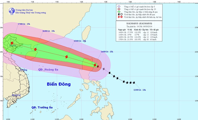 Vị trí và dự báo đường đi của cơn bão. Nguồn: Trung tâm Dự báo khí tượng Thủy văn Trung ương