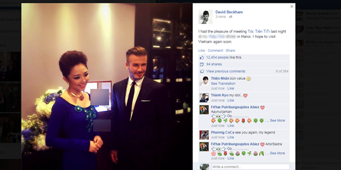 Beckham đưa bức ảnh chụp cùng Tóc Tiên lên Facebook của anh