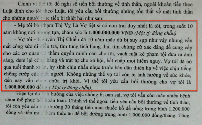 Ông Chấn yêu cầu rõ số tiền bồi thường cho mẹ đẻ và vợ mình