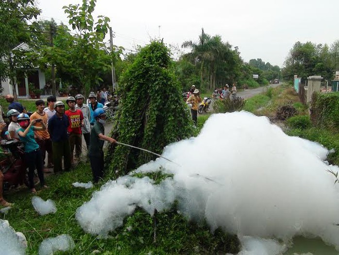 Bọt trắng chảy dọc theo tuyến kênh làm cá chết hàng loạt.