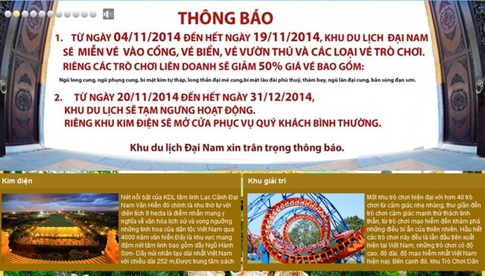 Thông báo trên website Khu du lịch Đại Nam. Ảnh chụp lại màn hình