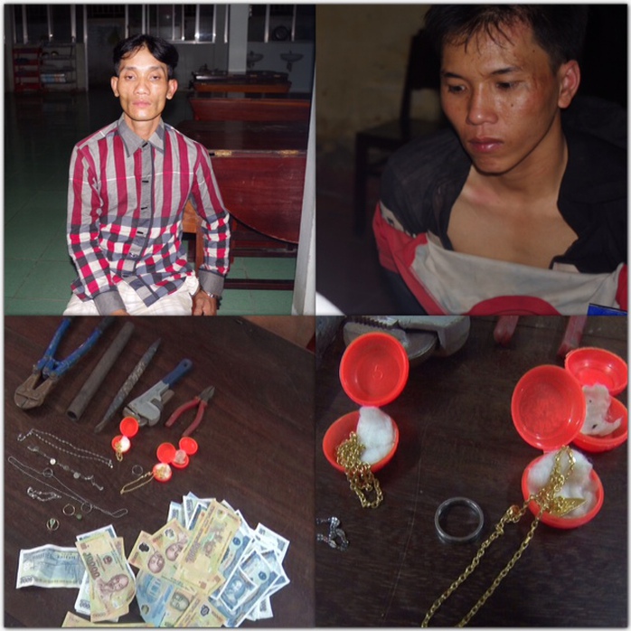 Hai đối tượng Trần Thái và Phan Trung Nghĩa (ngụ quận Bình Thuỷ, TP Cần Thơ) cùng tang vật bị công an bắt quả tang khi đang đột nhập vào nhà người dân ở quận Cái Răng trộm vàng và tiền vào ngày 7-7 vừa qua