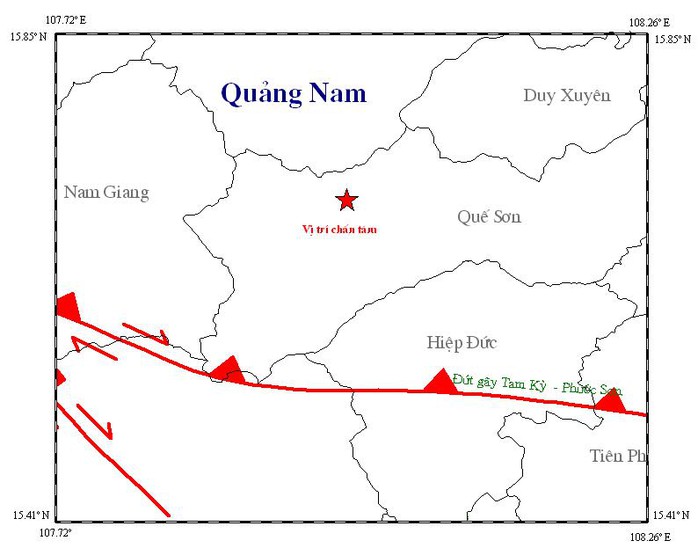 Trận động đất vào chiều 4-7 có vị trí chấn tâm tại huyện Quế Sơn. Ảnh: Viện Vật lý địa cầu