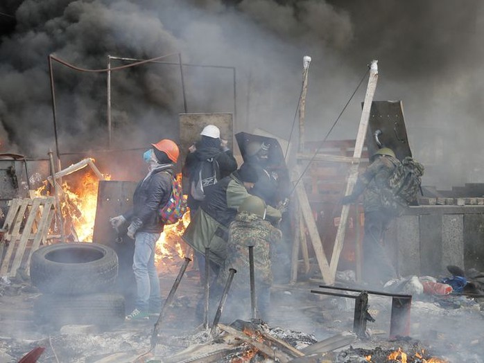 Anti-government protesters use a catapult during clashes with riot police in Kiev on Feb. 19.