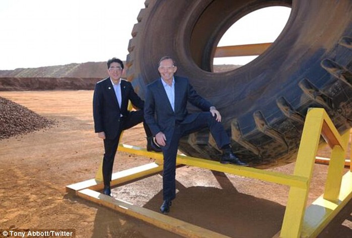 Cringe: Posted a snap of him and true friend Japanese leader Shinzo Abe posing in front of a giant tyre in Western Australias Pilbara region